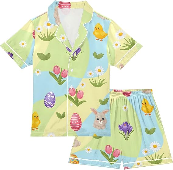 Satin Pajama Sets Short Sleeve Easter Bunny Chick Egg Button Down Silky Nightwear 2 Piece PJS 5-14Y,