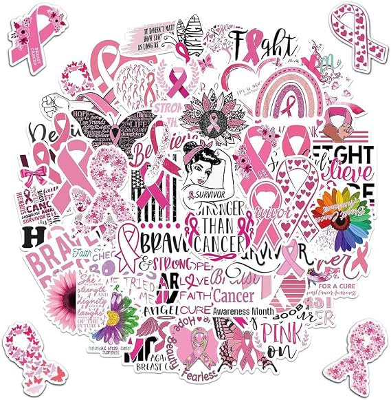 50PCS Breast Cancer Awareness Stickers, Breast Cancer Pink Ribbon Stickers for Fundraising Party Supplies Caring for Women's Health Waterproof Decals for Laptop Bumper Skateboard Water Bottle Phone