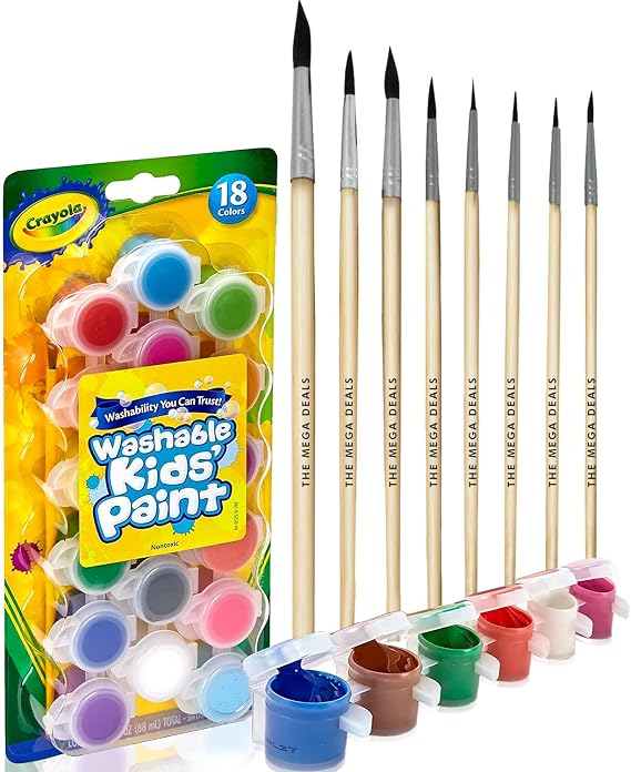 Kids Painting Set, Washable Paint for Toddlers 18 Pots, Brushes Gift Bundle | Includes 18 Paint Pots and 6 Paintbrushes Non-Toxic, Washable and Low-Odor Great for Kids Art and Crafts