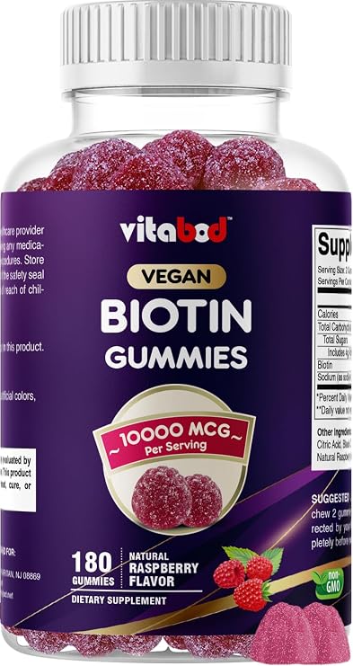 Vitabod Biotin Gummies 10,000 mcg 180 Vegan Gummies Hair, Skin & Nails Support for Women, Men & Kids Non-GMO, Gluten-Free, Delicious Flavor