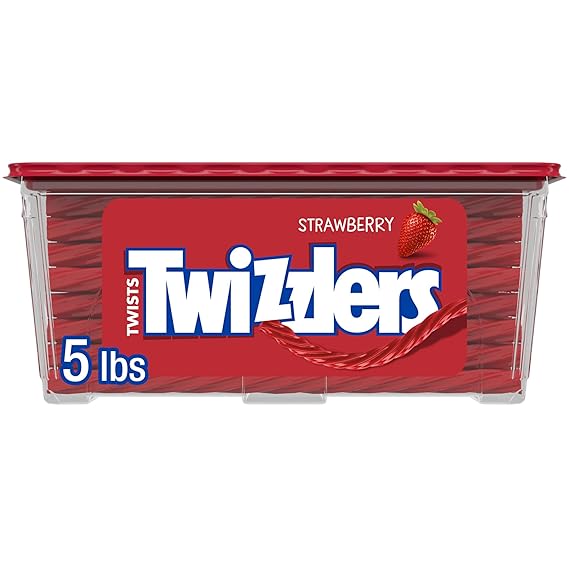 TWIZZLERS Twists Strawberry Flavored Licorice Style Candy Tub, 5 lb | Bulk Candy, Low Fat and Kosher, Resealable Tub for Parties, Sharing and Candy Buffets, 5 lb