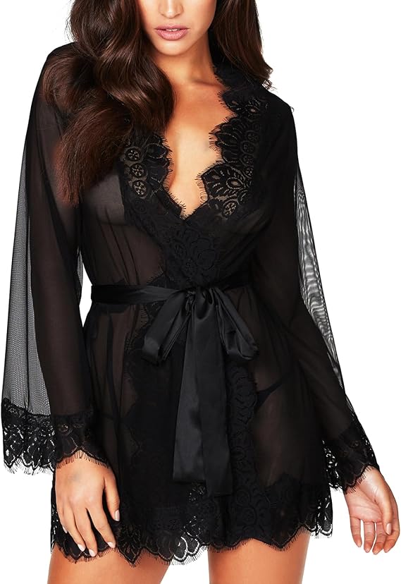 RSLOVE Women Lace Kimono Robe Sexy Babydoll Lingerie Mesh Cover Up Bridal Lingerie