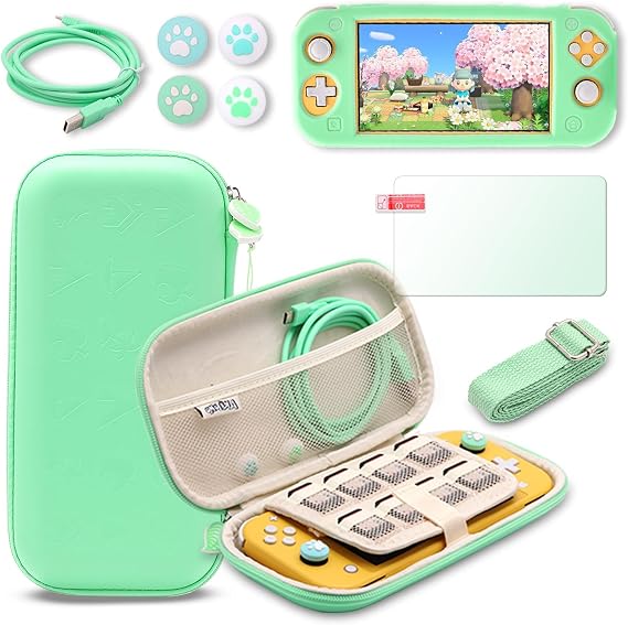 Switch lite Animal Crossing Accessories Animal Crossing Carrying Case with Green Case for Switch Light USB Type C Charging Cable Thumb Grip Cap Glass Screen Protector Shoulder Strap Wrist Strap