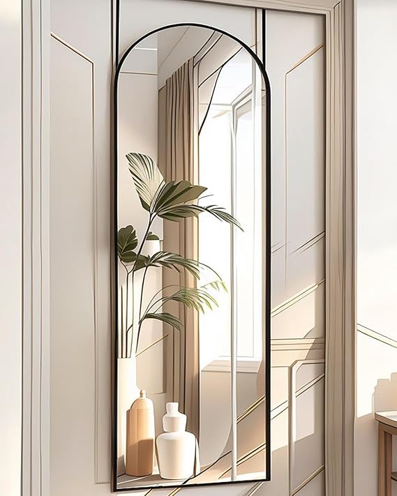 BEVERDY Over The Door Mirror - 16"x50" Full Length Arched Vertical Wall Mirror, Black