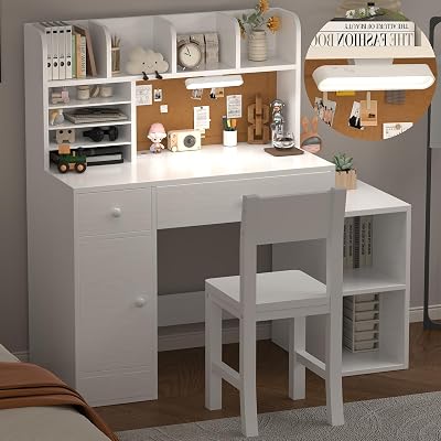 Wooden Pure White Kids Study Desk and Chair Set with Light, 2 Drawers and 4 Storage Cabinets, Children Desk with 4 Open Hutch and Shelves, Girls Study Desk for Kids Bedroom-004B