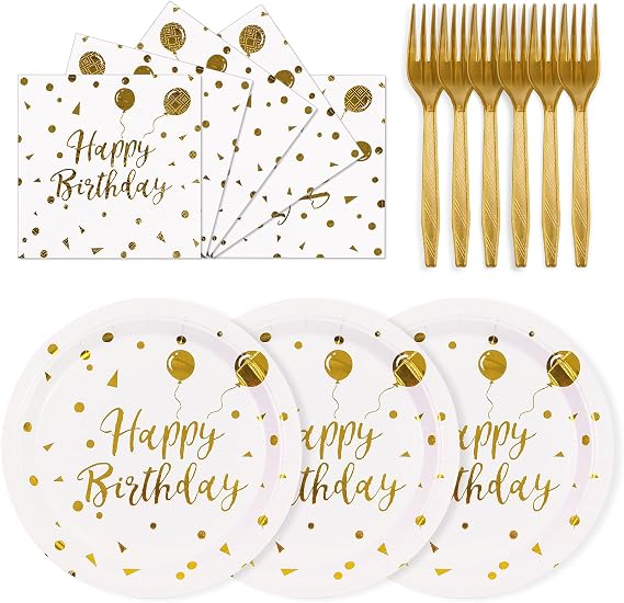 75PCS Happy Birthday Paper Plates 7 Inch, Serves 25 | Birthday Party Decorations, White Gold Dot Paper Plates and 6.5 Inch Napkins with 6.3 Inch Forks Disposable Tableware Set