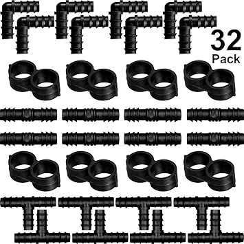 Maitys 32 Pcs Drip Irrigation Fittings Kit for Tubing 8 Tees 8 Elbows 8 Couplings and 8 End Cap Plugs, Irrigation Barbed Connectors for Drip Sprinkler Systems Flower Pot Garden Lawn(3/4 Inch)