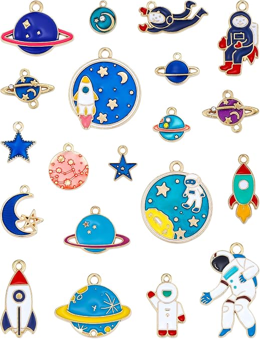JIALEEY Space Theme Charm Assorted Gold Plated Enamel Mixed Astronaut Jupiter Rocket Planet Celestial Charm Pendant DIY for Necklace Bracelet Earring Jewelry Making, 20PCS