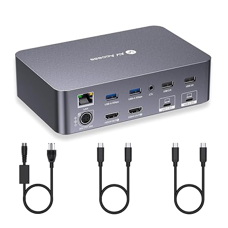 AV Access KVM Switch Dock 2 Monitors 2 Laptops, 4K KVM Switch Dual Monitor | 2 USB C MST Ports, 60W PD for Each PC, 1G Ethernet, EDID Emulation, 2K@144Hz,1080P@240Hz,Plug& Play, Ideal for Home Office