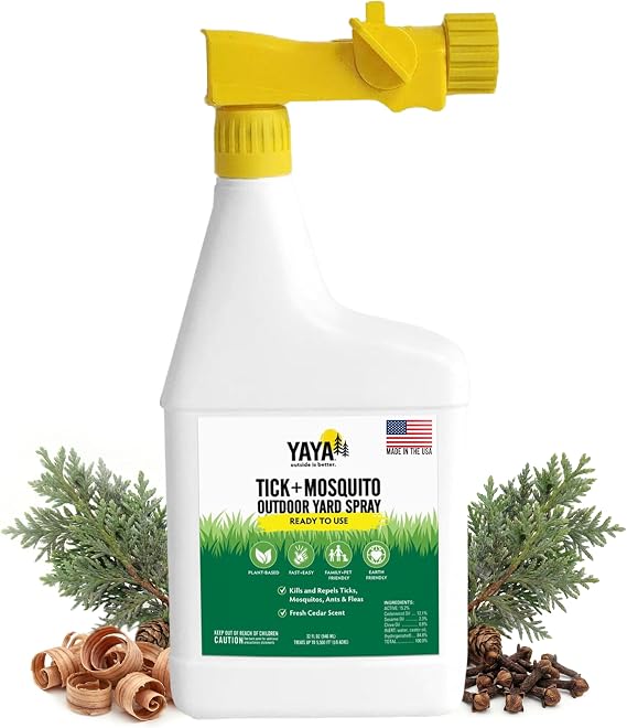 Yaya Organics Tick + Mosquito Killer Yard Spray (Ready-to-Use) Safe for Kids, Pets & Pollinators - Made with Essential Oils, Plant-Derived - DIY Flea and Tick Control - Made in USA (32 oz)