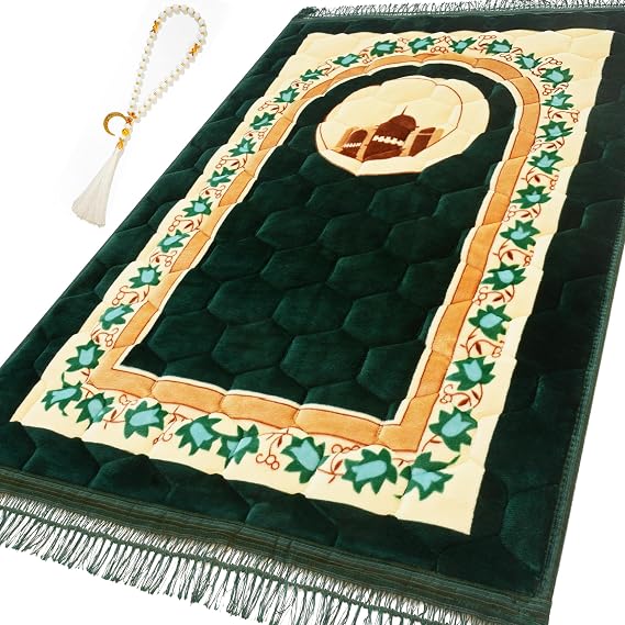 Prayer Rug Muslim Prayer Mat Islamic - Very Thick Prayer Rug Sajadah for Men Women with Islam Prayer Beads Soft and Luxury (Green)