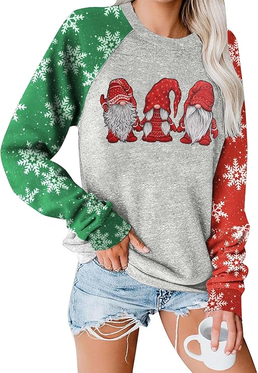 Women Cute Merry Christmas Xmas Hat Graphic Raglan Shirt Long Sleeve Shirts Sweatshirt Tops