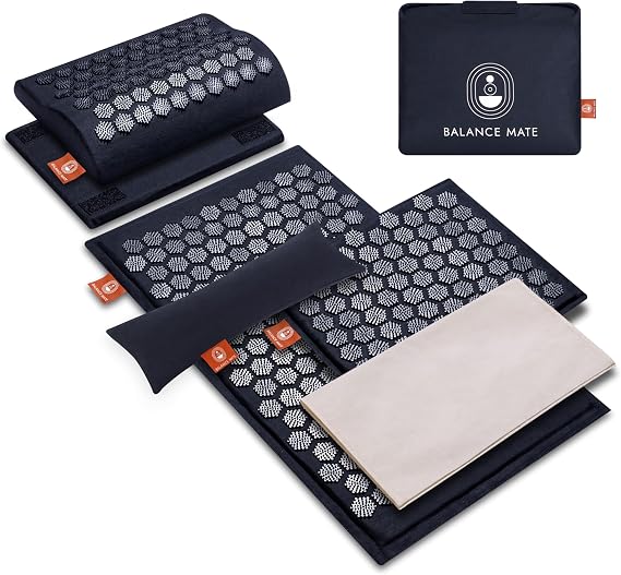 BalanceMate Acupressure Mat Set with 6,210 Pressure Points for Pain Relief and Relaxation Kit for Back, Neck, and Sleep Yoga and Meditation Pillow (Deep Black)