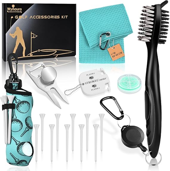 17 Pcs Golf Accessories Kit, Includes Cleaner Brush, Towel, Plastic Tees, Golf Ball Bag with Hook, Ball Marker Divot Tool, Score Counter, Essentials Kit for Women Man Gifts