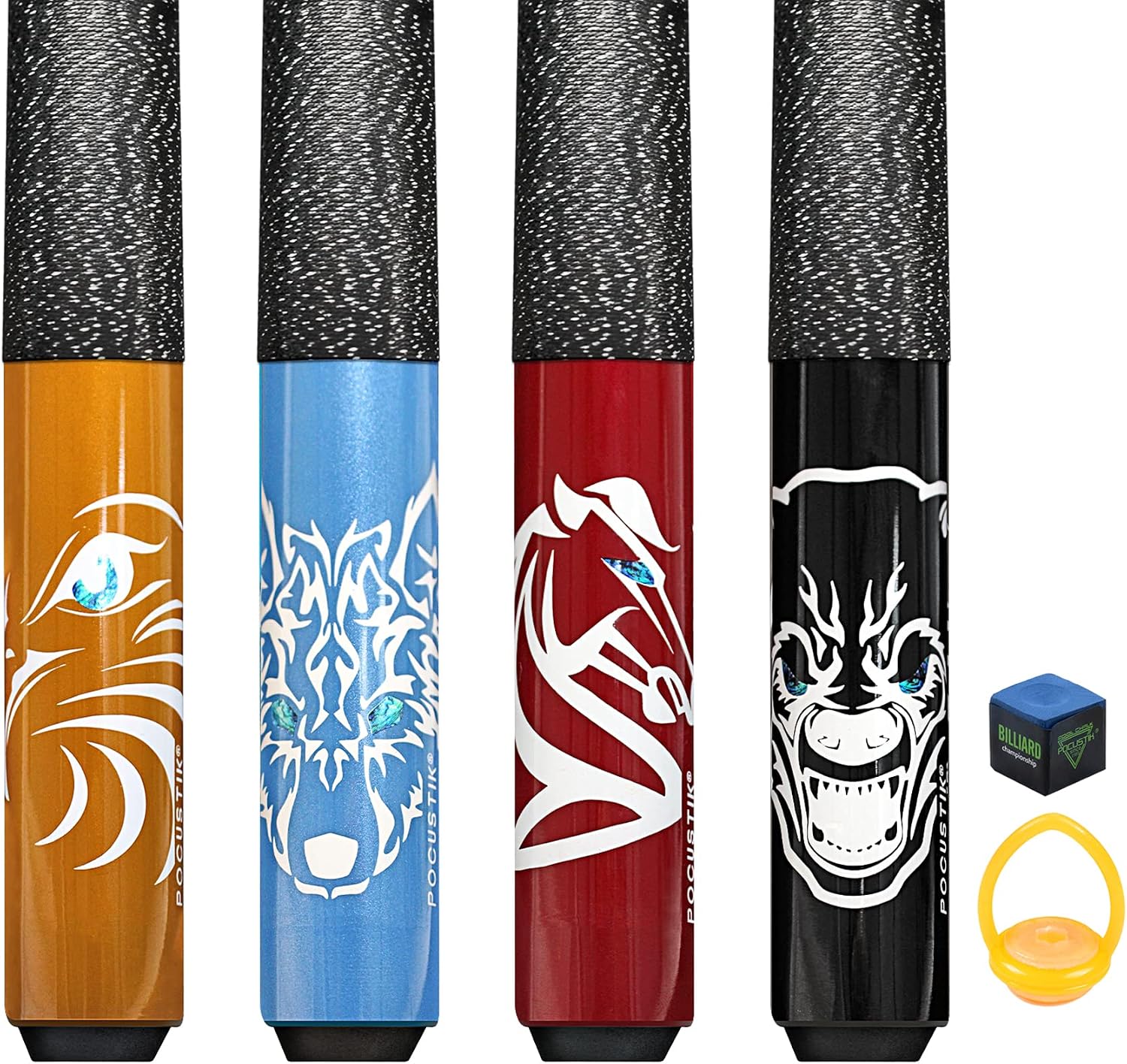 Pool Cues Set of 4, 58" 2-Piece Canadian Maple Billiard Sticks with Ergonomic Grip & 13mm Tip, Pro Pool Stick in 4 Colors & 4 Weights (18-21oz) for Home Bar, Incl 2 Chalks