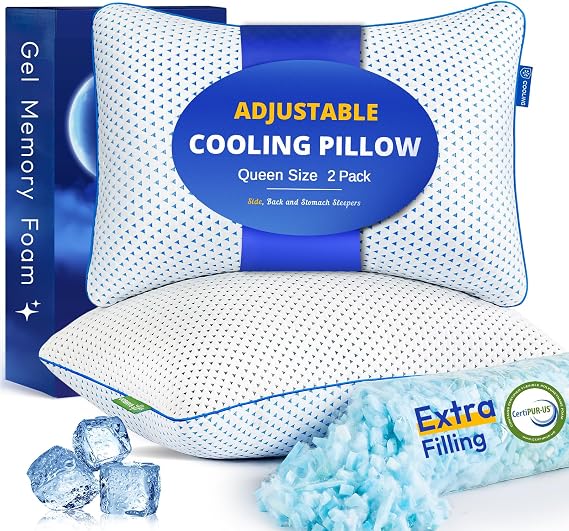 Adjustable Cooling Gel Memory Foam Pillows Queen Size Set of 2 for Sleeping