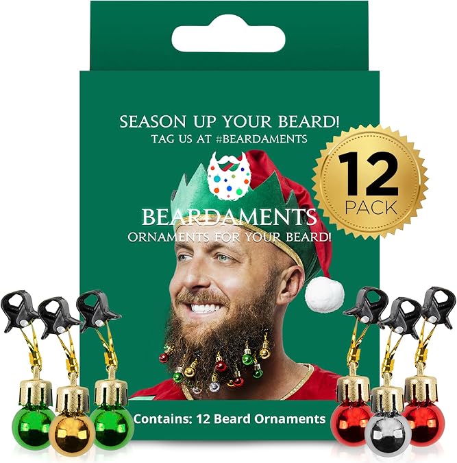 Beardaments Beard Ornaments for Men Colorful Christmas Baubles - Easy-Attach Funny Christmas Ornaments for Cosplay and Holiday Parties - 12pc