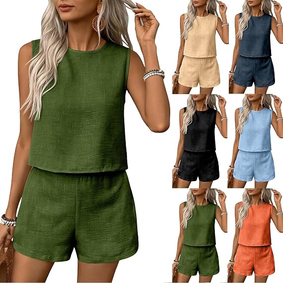 Two-Piece Women's Summer Linen Tank Top and Wide Shorts Muslin Trouser Suit Lightweight Plain 2-Piece Breathable Loungewear Sleeveless Leisure Suit Fashionable Tracksuit