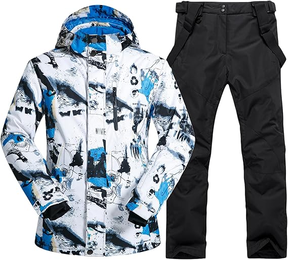 Mens Ski Jacket and Pants Set Ski Suit Winter Waterproof Windproof Hooded Snow Coat 2 Pieces Snowboarding Snowsuits
