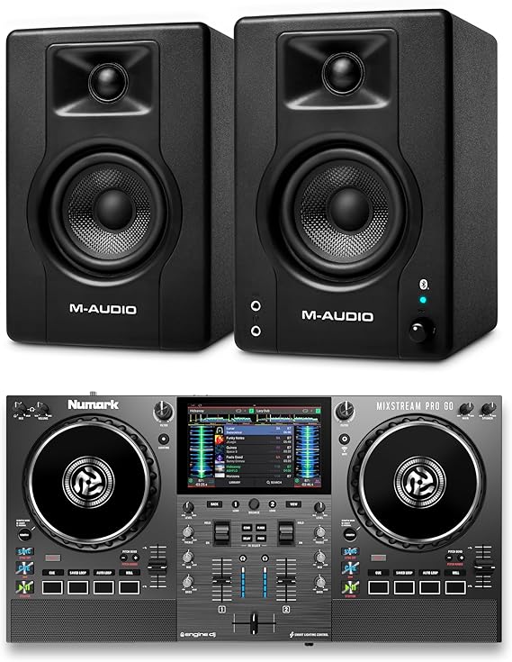 Numark Mixstream Pro Go DJ Controller and M-AUDIO BX4 Pair Bluetooth Studio Monitors for Studio Recording, Music Production, Podcasting, Streaming