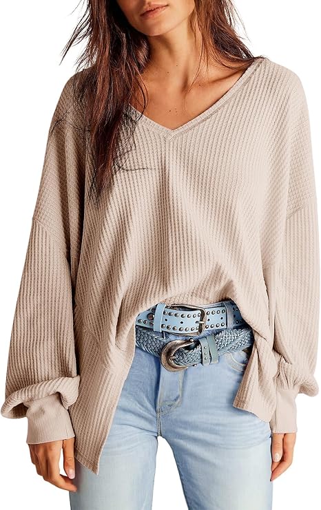 Dokotoo Womens Waffle Knit Tops Trendy Fashion 2026 Oversized T Shirts | Lightweight,V Neck,Casual,Batwing Sleeve,Loose Fit,Irregular Hem,Boyfriend Style,Oversized,Fall Outfits