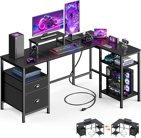 Furologee 50 Inch L Shaped Gaming Desk with Power Outlet and Drawers, Black | Reversible Computer Corner Design,Fabric File Cabinet, Monitor Stand, Storage Shelves for Home Office, Working Study Table