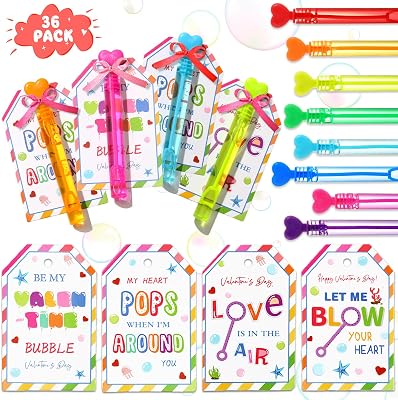 36 Packs Valentines Mini Bubble Wands with Valentines Day Cards, Bubble Party Favors for Kids, Bubble Wands Bulk in 8 Color, Valentines School Classroom Exchange Gifts Prizes