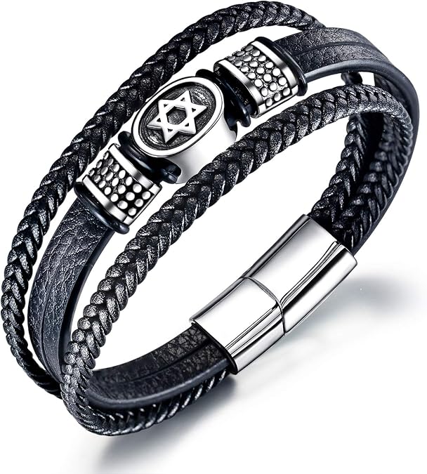 TEMICO Mens Multi-Layer Braided Leather Magen Star of David Bracelet