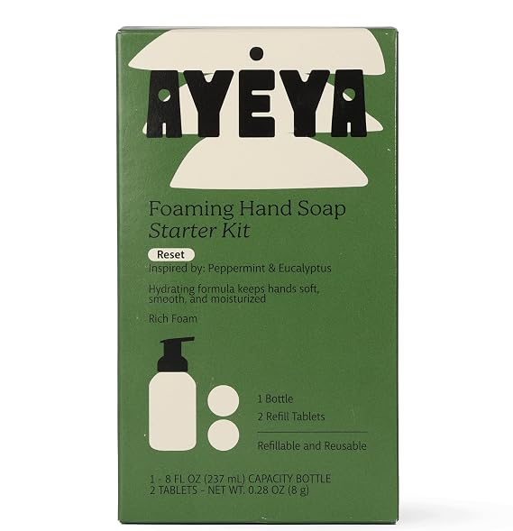 AYEYA Foaming Hand Soap Starter Kit Peppermint & Eucalyptus Soap Tablets with Fair Trade Coconut Oil Refillable Cleanser for Refreshing Daily Care 1 Bottle + 3 Tablets