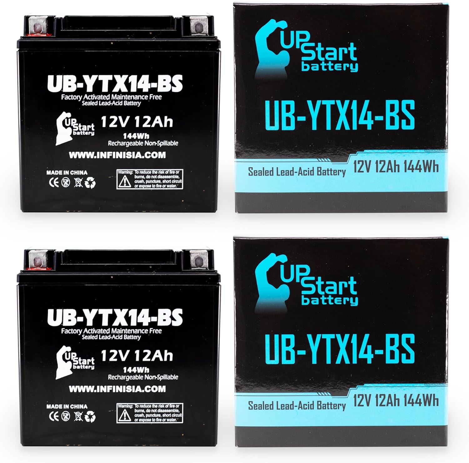 2-Pack UpStart Battery UB-YTX14-BS Factory Activated, Maintenance Free, Motorcycle Battery - 12V, 12AH