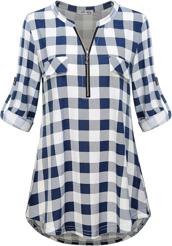 Women's Zip Up V Neck 3/4 Rolled Sleeve Casual Tunic Shirt