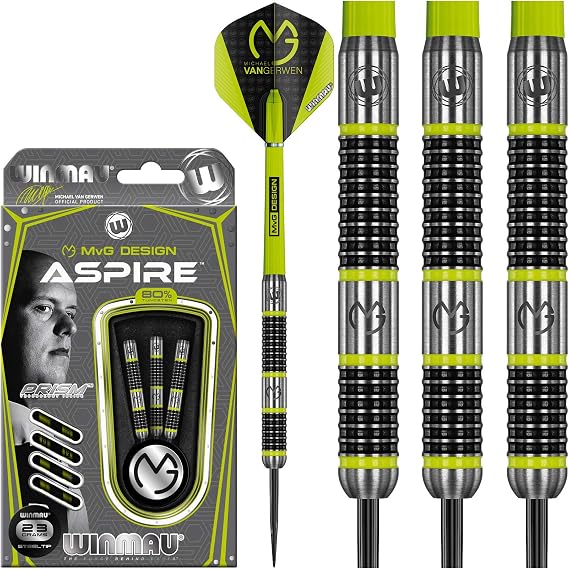 WINMAU Michael Van Gerwen MvG Aspire Tungsten Steeltip Darts Set with Prism Flights and Nylon Shafts (Stems)