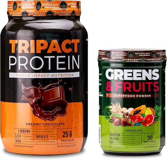 Nutrology TRIPACT Protein Powder, 7-in-1 Meal Replacement Shake, Creamy Chocolate (40 Servings) Greens & Fruits Powder-Naturally Sourced Superfood, Chocolate (30 Servings)