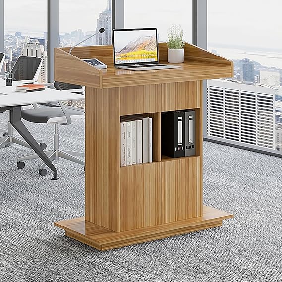 Floor Standing Podium, Presentation Lectern with Built-in Storage, Pulpit with Wooden Heavy Base, Portable Podium with Wide Large Desktop, for Church, Conference, Speech(Log Color)