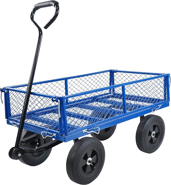 Steel Garden Cart, Outdoor Metal Yard Utility Wagon Carts with Tires and Mesh Removable Sides(Convert to Flatbed), Garden Wagon for Lawn Camping Farm Yard (Blue)