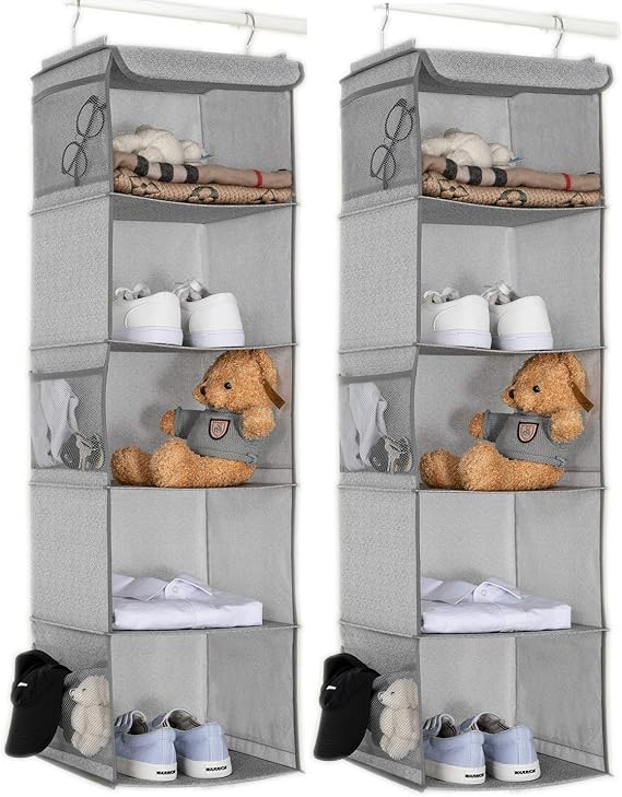 BrilliantJo 5 Shelves Hanging Closet Organizer, 2 Pack Hanging Storage with 6 Side Pockets for Clothes Bags, 43"x12"x12"(Light Gray)