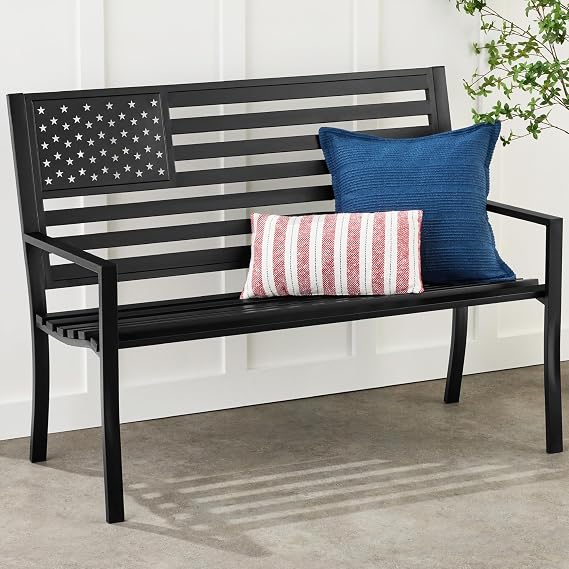 Best Choice Products Outdoor Bench 2-Person Steel Indoor/Outdoor Bench for Garden, Patio, Porch, Entryway w/American Flag, 790lb Capacity Black