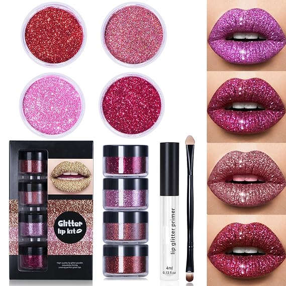 Animakeup Kawaii Kisses Glitter Lip Blueberry Pie, Kawaii Kisses Glitter Lip Kit, 4 Colors Kawaii Kisses Harajuku Candy Lip Gloss, Glitter Lips Makeup with Lip Primer and Brush (Set-A)