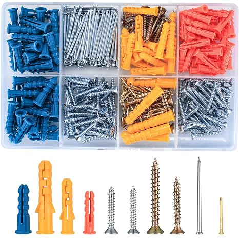 360 Pcs Wall Plugs and Screws Set, Drywall Anchors Screws and Nails Assortment Kit, Flat Head Self Tapping Screws, Plastic Expansion Plugs, Wood Screws Nails for Home DIY Repair Mounting