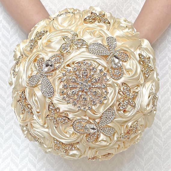 Handmade Floral Satin Rose Butterfly Shape Rhinestone Bridal Bouquet Luxury Golden Rhinestone Artificial Flowers for Wedding
