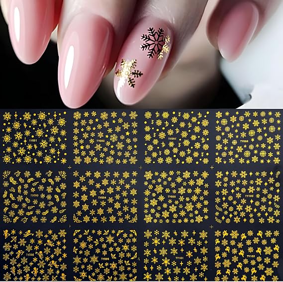 12 Sheets Gold Christmas Nail Art Stickers Snowflake Self- Adhesive Nail Decals Gold Elk Nail Supplies Nail Art Design Decoration Accessories