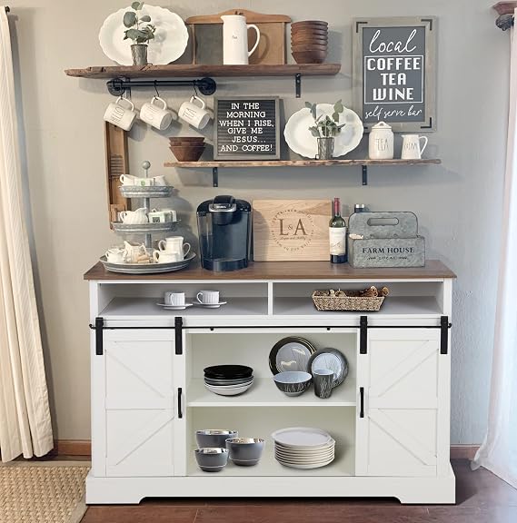 MAISON ARTS Buffet Cabinet Sideboard Farmhouse Coffee Bar with Sliding Doors 52" Kitchen Storage Cupboard for Dining Living Room, Oak + Ivory