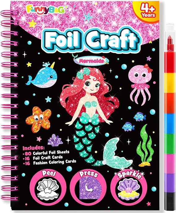 FUNNYB&G Foil Art Kids Arts & Craft Activity: Creative Travel Toy for DIY Activity Craft Set Kids Gift Girls 4 5 6 7 8 9 Years (Mermaid)
