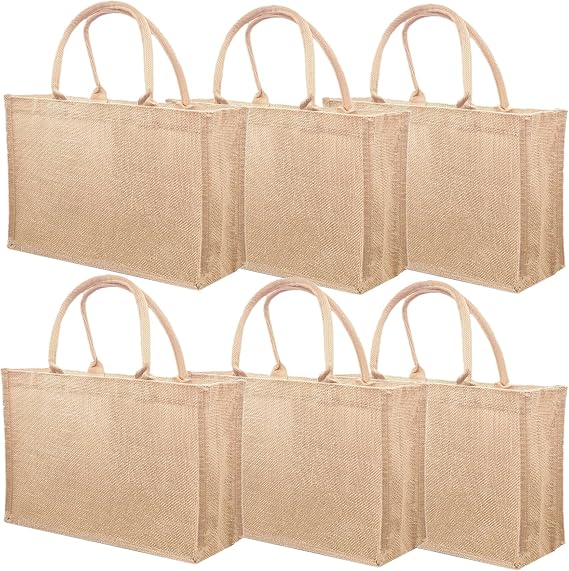 6 Pack Jute Tote Bag Reusable, Burlap Beach Bags with Sturdy Rounded Handles, Sturdy Base Gym Shopping Travel Bag for Easter Women, Mom, Teachers, Friends, Bridesmaids, 15.4''x12.2''x5.9''