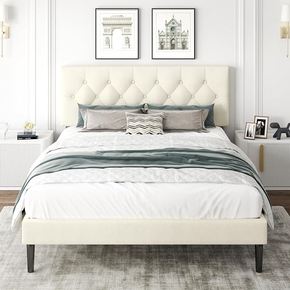 CXVX Queen Size Platform Bed Frame with Upholstered Headboard, Button Tufted Design, Strong Wooden Slats, No Box Spring Needed, Easy Assembly, Noise Free