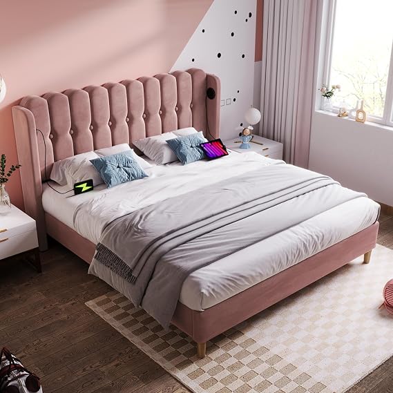 ModernLuxe Upholstered 4FT6 Double Bed, Elegant Bed Frame with USB and Type-C Charging, Wooden Slatted Frame, Suitable for Bedroom and Guest Room, No Mattress, Velvet, Pink, 135x190cm