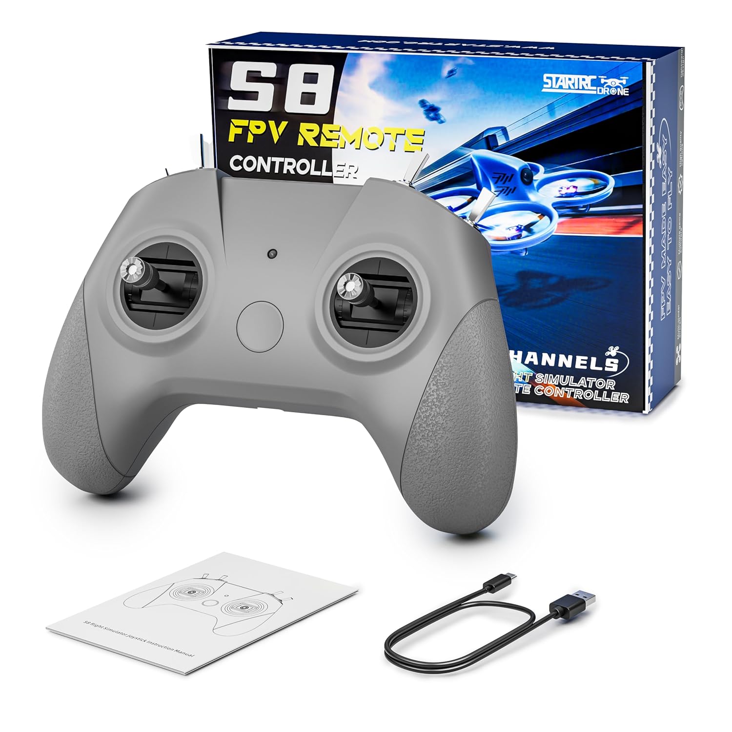 S8 Pro RC Flight Simulator Controller, 8 Channel Metal Joystick, Supports for DJI Virtual FlightRealFlightPhoenixRCUncrashedLiftoff, Gift for Kids & New Pilotss - Mode 2 Grey