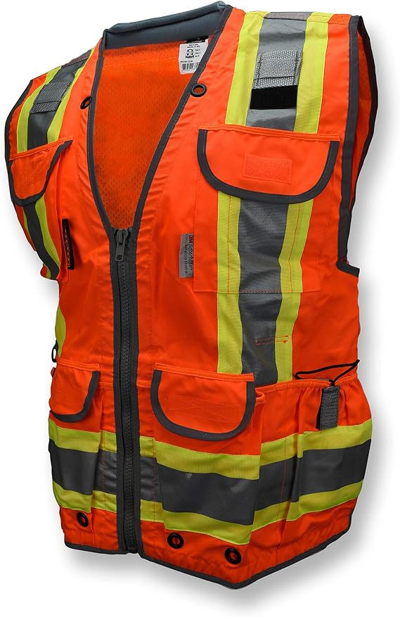 Radians SV55 Class 2 Heavy Woven Two Tone Engineer Vest With Padded Neck To Support Extra Weight In Cargo Pockets, Orange, 3X-Large