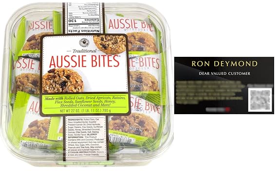 Traditional Aussie Bites Individually Wrapped 27 Oz, Oatmeal snacks cookies, Healthy Oatmeal Bites with RON DEYMOND Card