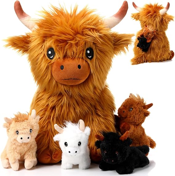 HyDren 5 Pcs Highland Cows Stuffed Animal 13.8 in, Cow Plush, Sitting Style